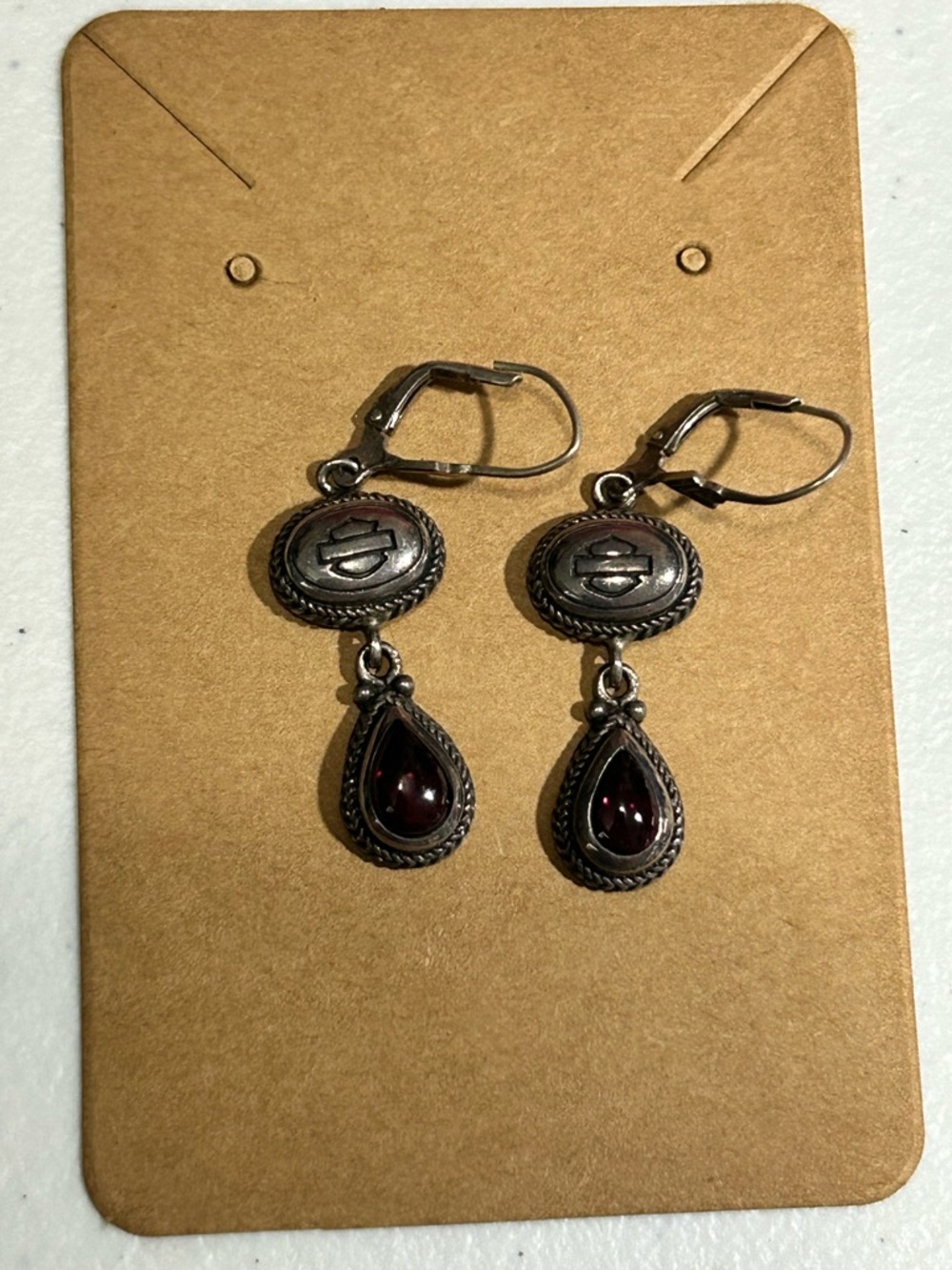 Harley-Davidson Silver-Tone Drop Earrings with Deep Red Teardrops